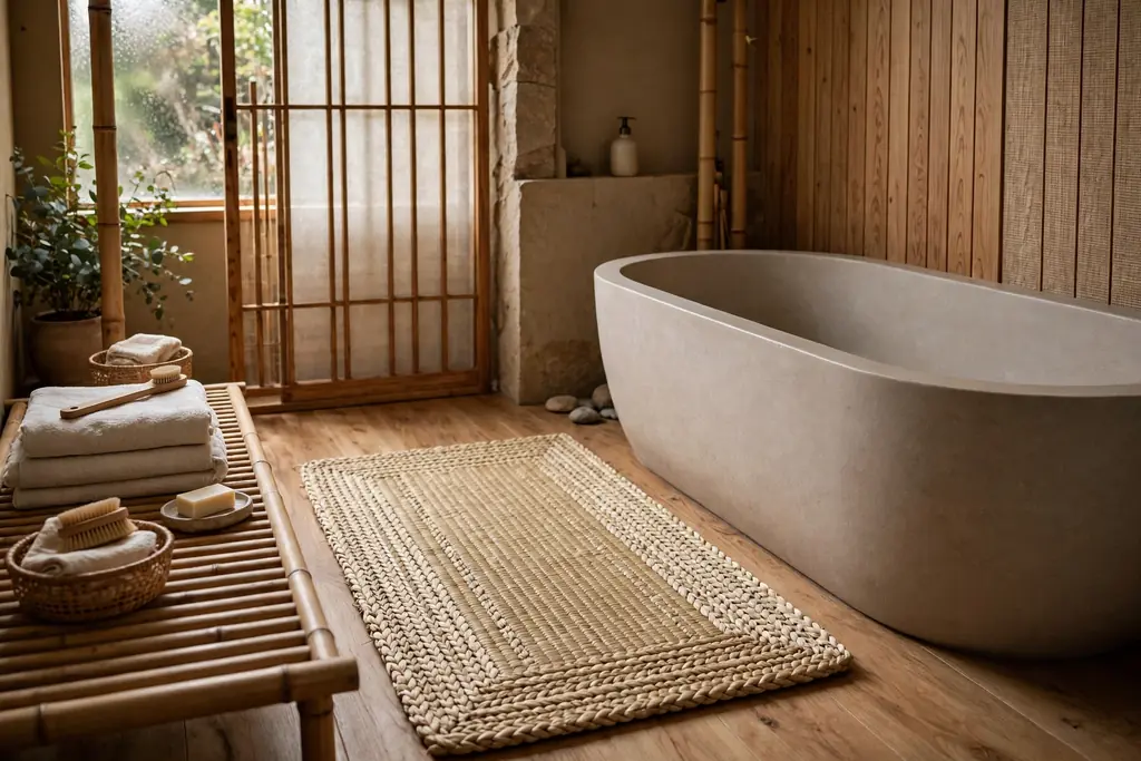 Washable tatami-look bath rug beside a bathtub in a Japanese bathroom.