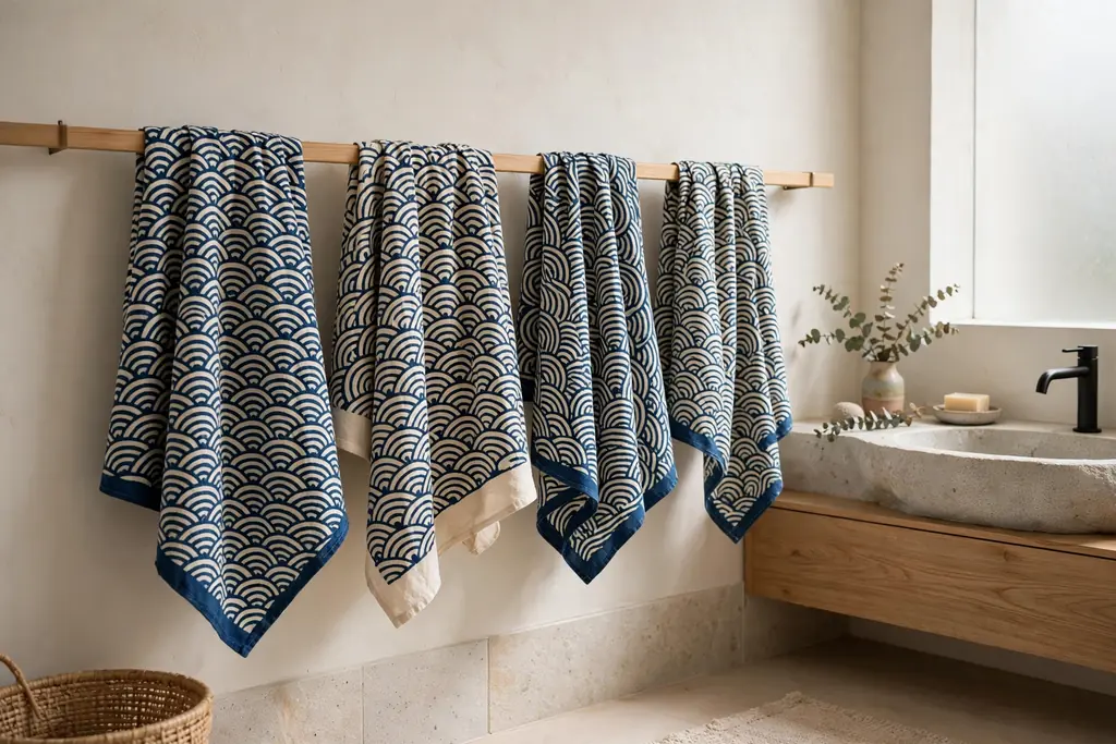Tenugui hand towels with Japanese patterns hanging on a rail in a bathroom.
