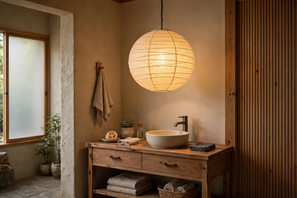 Washi paper pendant light glowing softly in a Japanese bathroom.