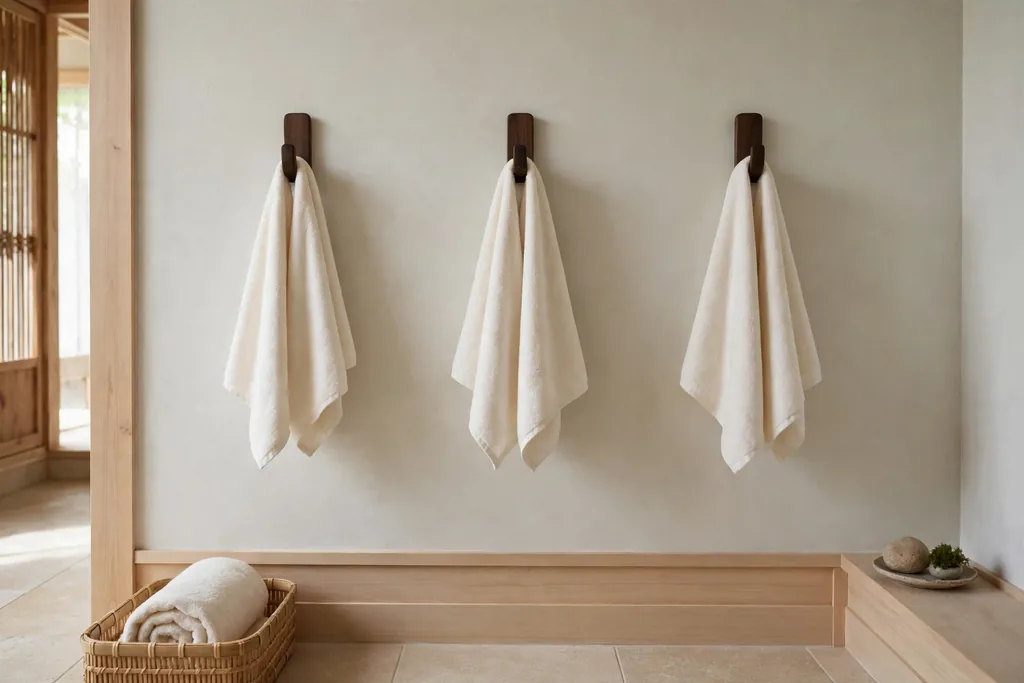 Dark wood towel hooks on a wall holding towels in a Japanese bathroom.