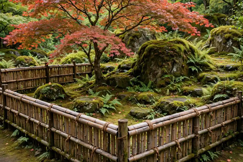 Bamboo fence around a garden corner with a maple and mossy rocks.