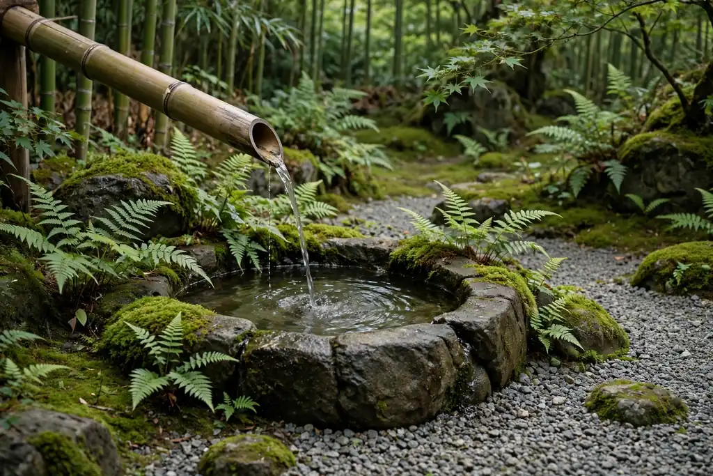 Bamboo water feature pouring into a stone basin with moss and ferns.