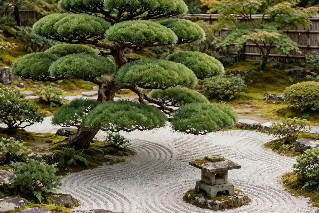 Pine pruned into rounded cloud shapes over raked gravel.