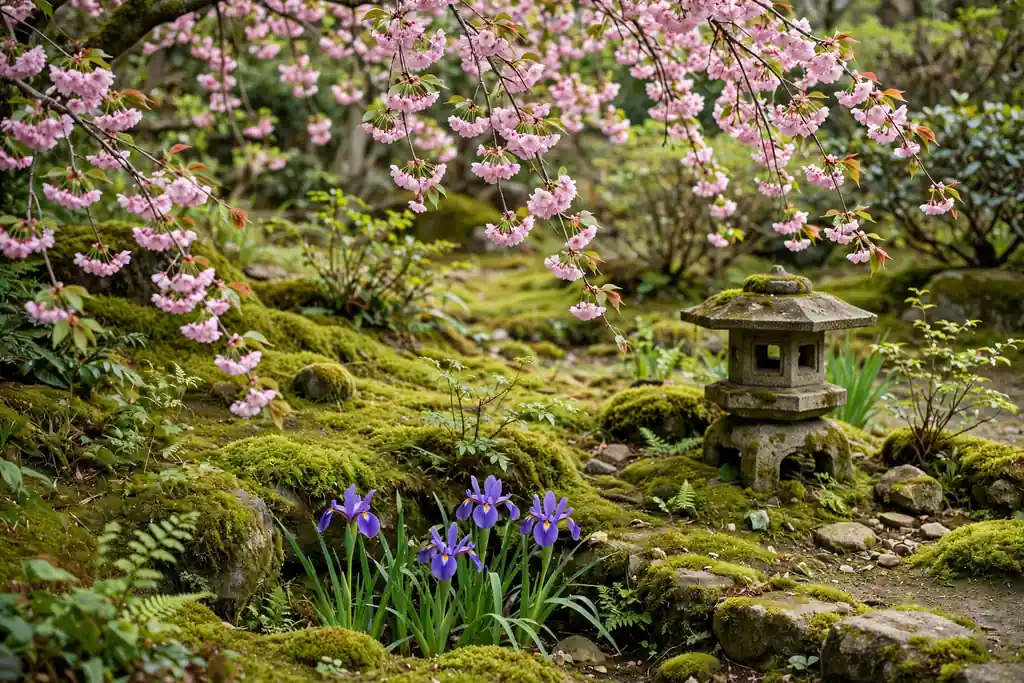 Cherry blossom over moss with iris flowers and a stone lantern.