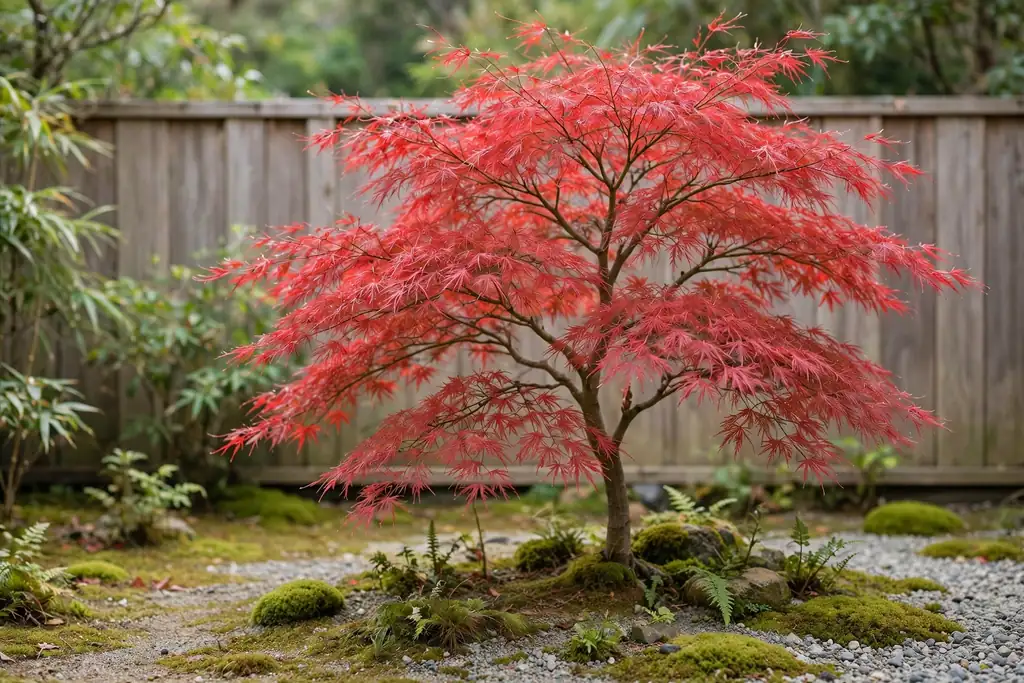 Japanese maple with red leaves over moss and gravel in a small garden.