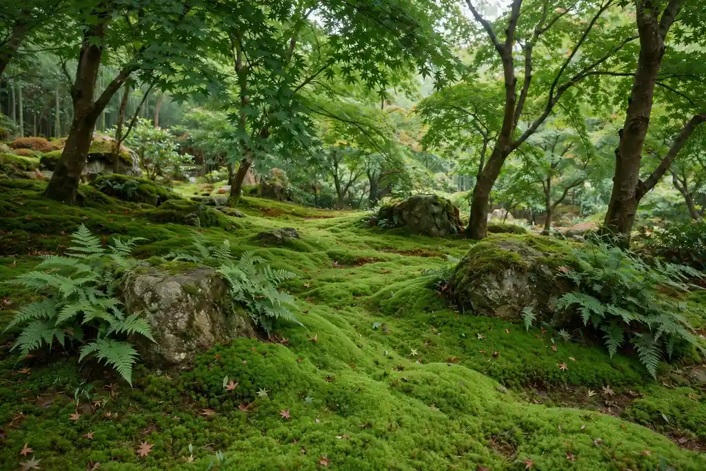 Green moss carpet under trees with rocks and ferns in a shaded garden.