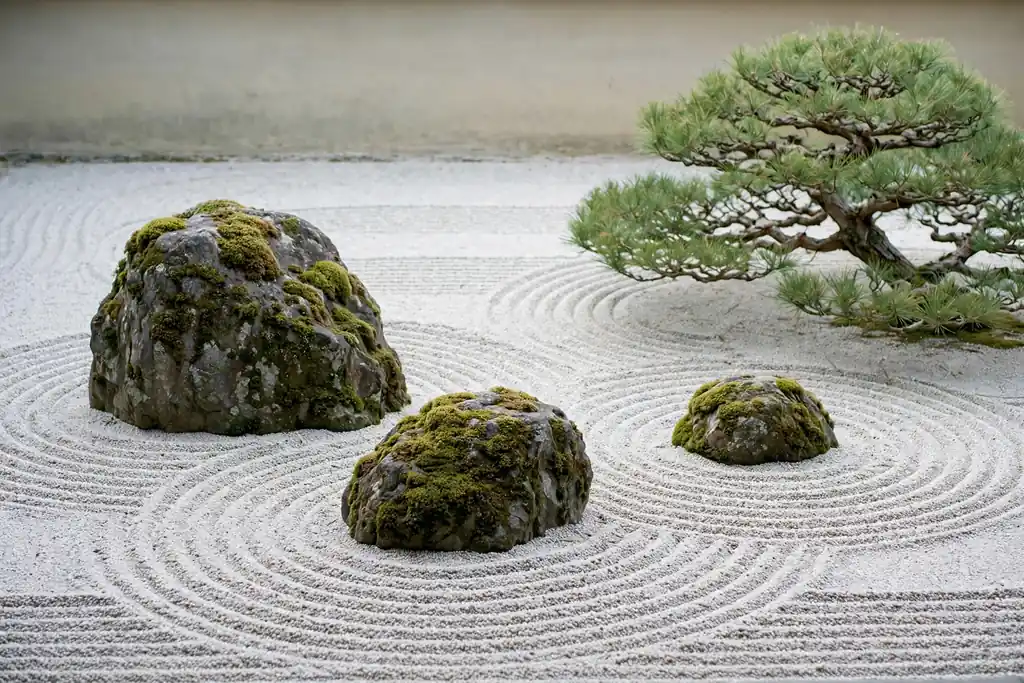 Raked gravel garden with curved lines, moss covered rocks, and a low pruned pine.