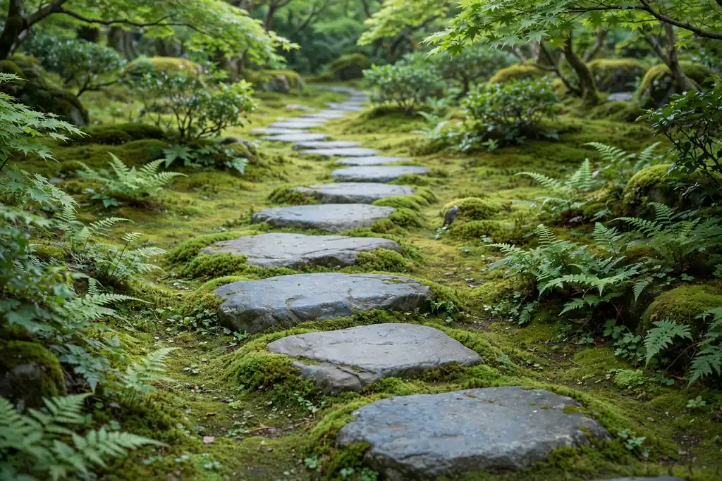 Stepping stone path set in moss with ferns at the edges.