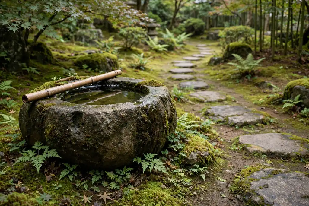 Carved stone water basin beside a path with a bamboo ladle and moss.