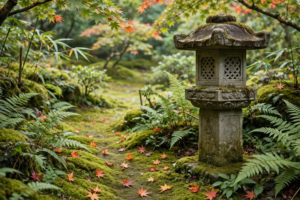 Carved stone lantern beside a mossy garden path with ferns nearby.