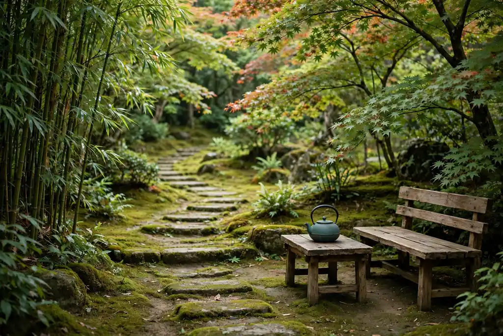 Wooden bench and table with a teapot in a tea garden seating nook.
