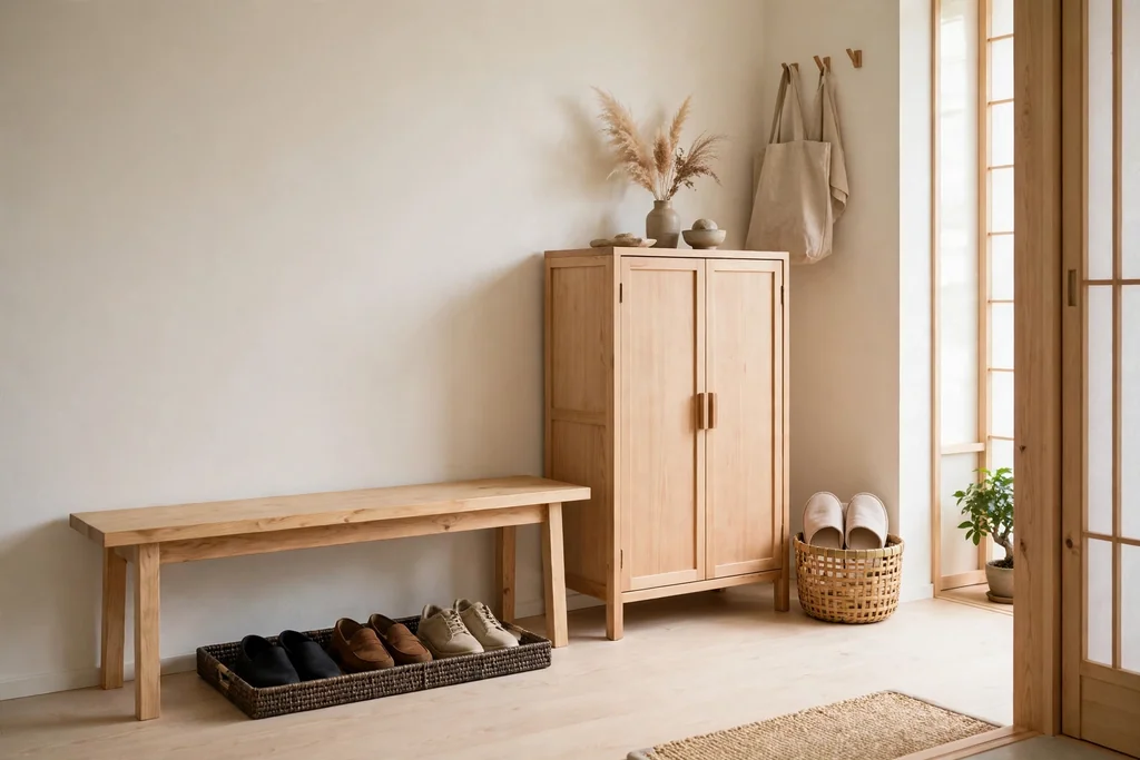 Home entry with a low wood bench, shoe tray, closed cabinet, and indoor slippers in a basket.