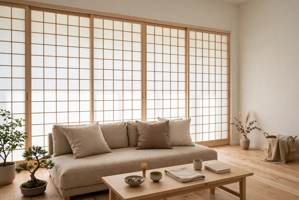 Living room with shoji style sliding panels in a pale wood frame filtering soft daylight.