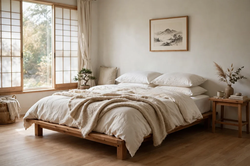 Bedroom with a low platform bed in wood, layered warm white bedding, and a wool throw at the foot.