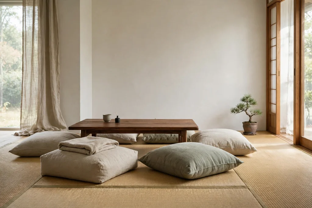 Living room tatami seating zone with a low wood table and thick floor cushions.