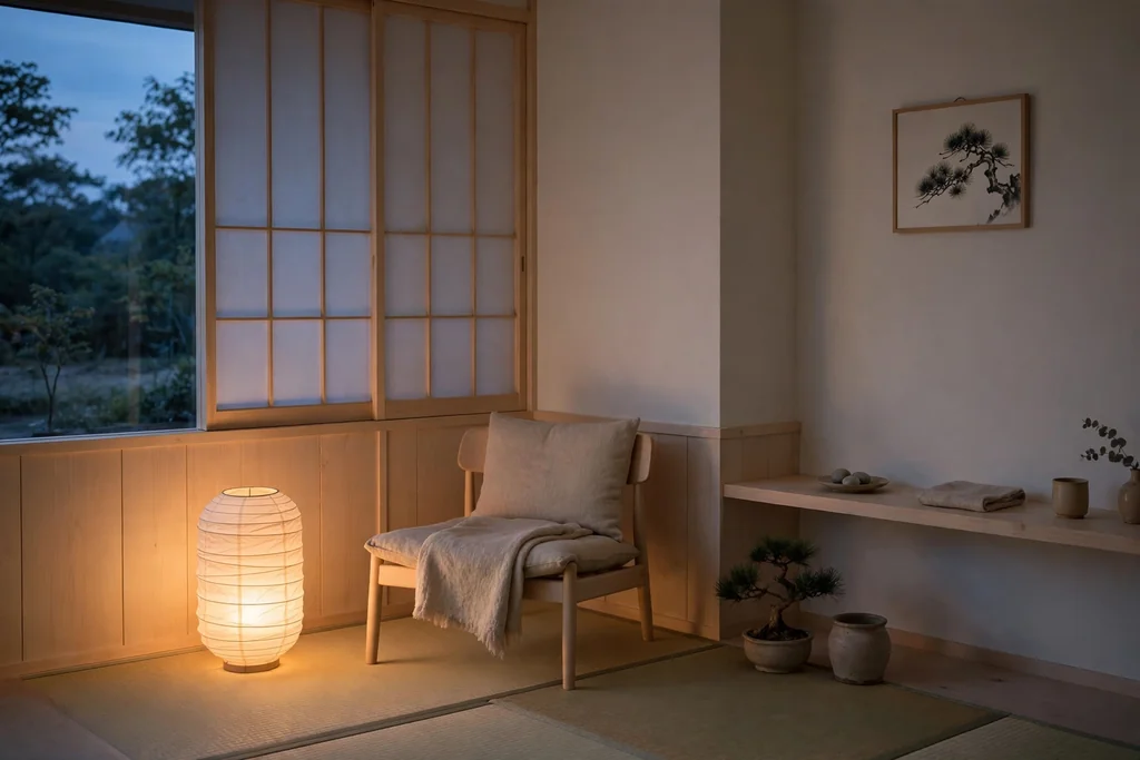 Living room corner at dusk with a glowing paper floor lantern beside a low chair.