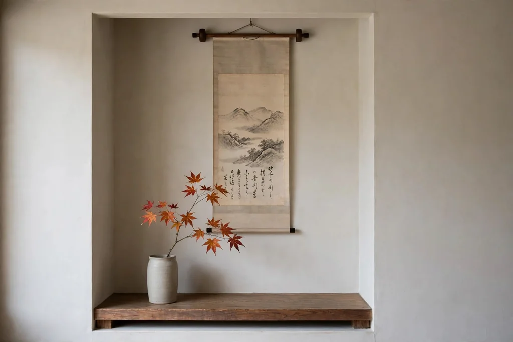 Alcove display with a hanging scroll, a plain ceramic vase, and a single seasonal branch.