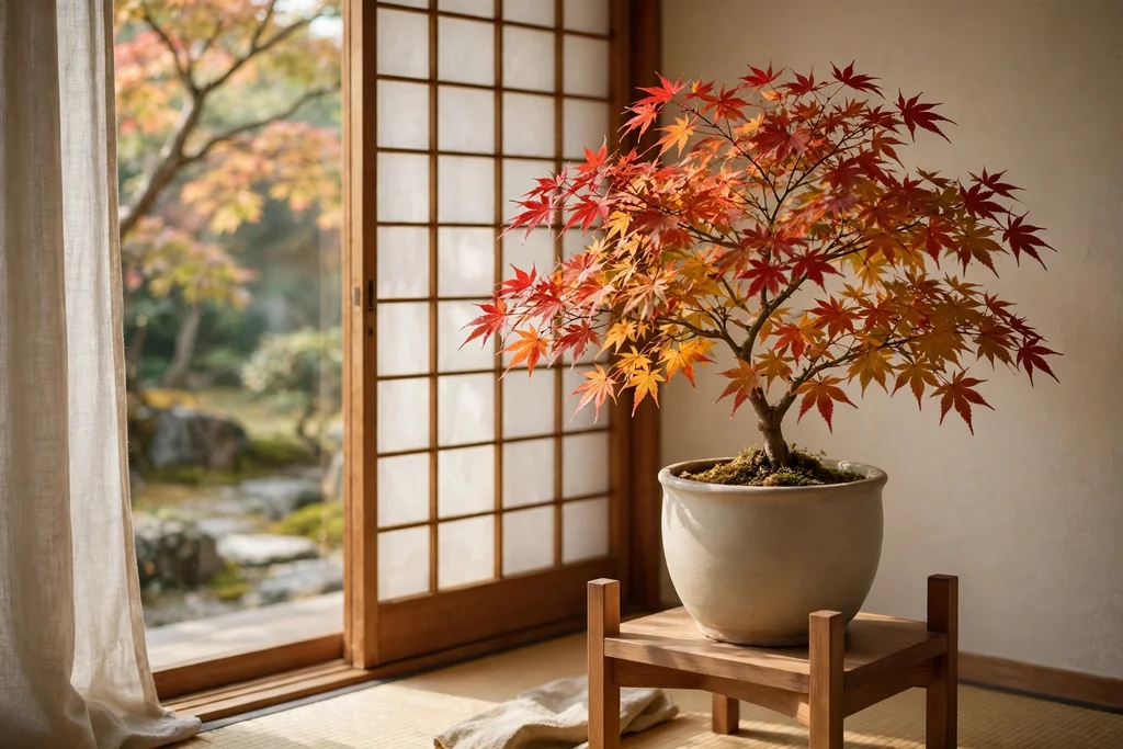 Potted Japanese maple in a plain ceramic pot on a wood stand beside a window.