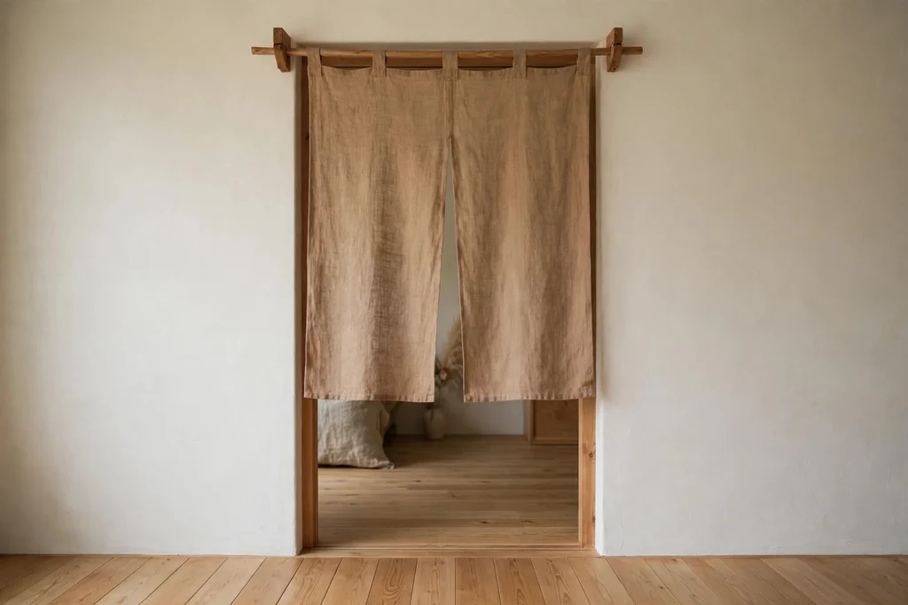 Doorway with a short split noren curtain in a muted warm fabric on a wood rod.