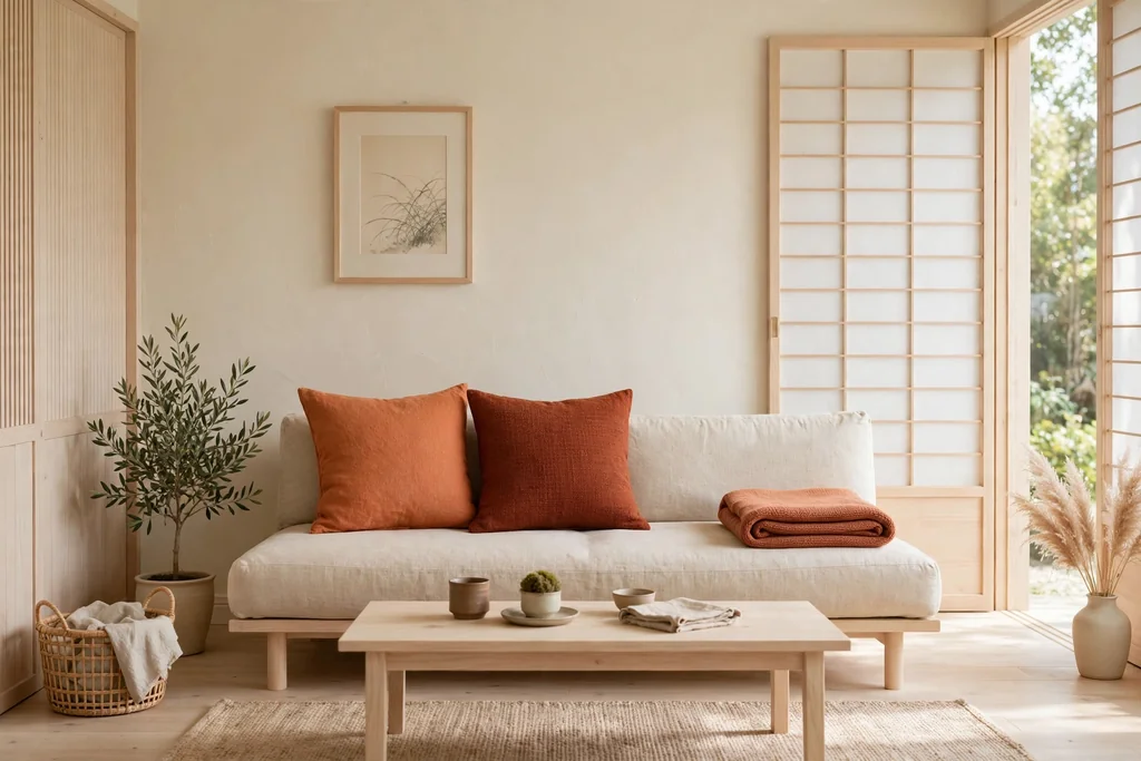 Living room with warm persimmon and rust cushions and a throw against cream walls and wood.