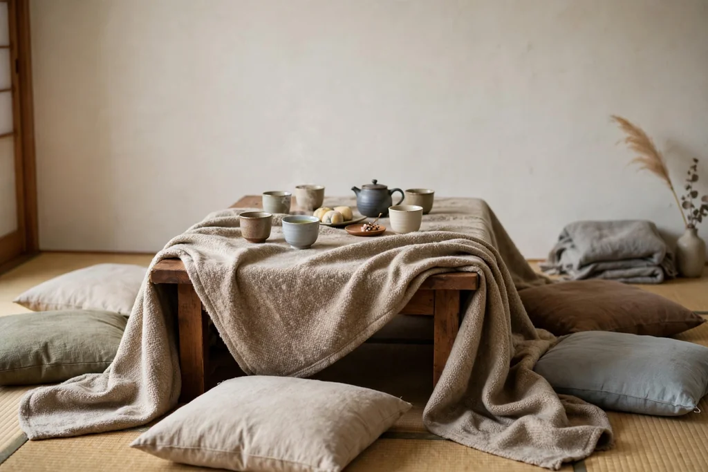 Low wood table with a thick blanket draped over it and floor cushions for a cozy gathering.