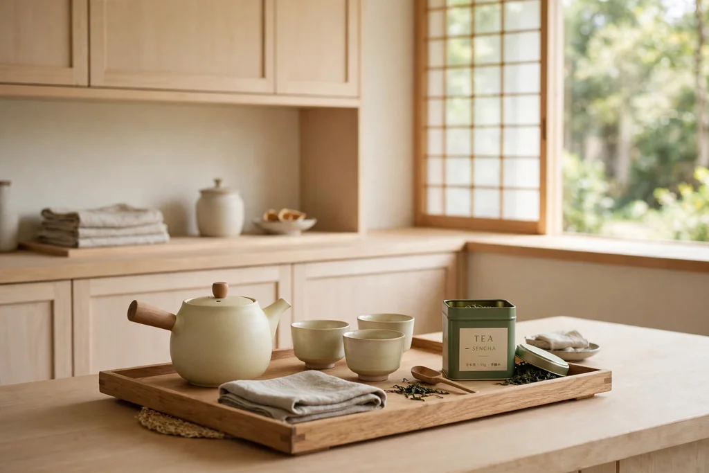 Kitchen counter tea station with a teapot, cups, a tin of tea, and a wood tray.