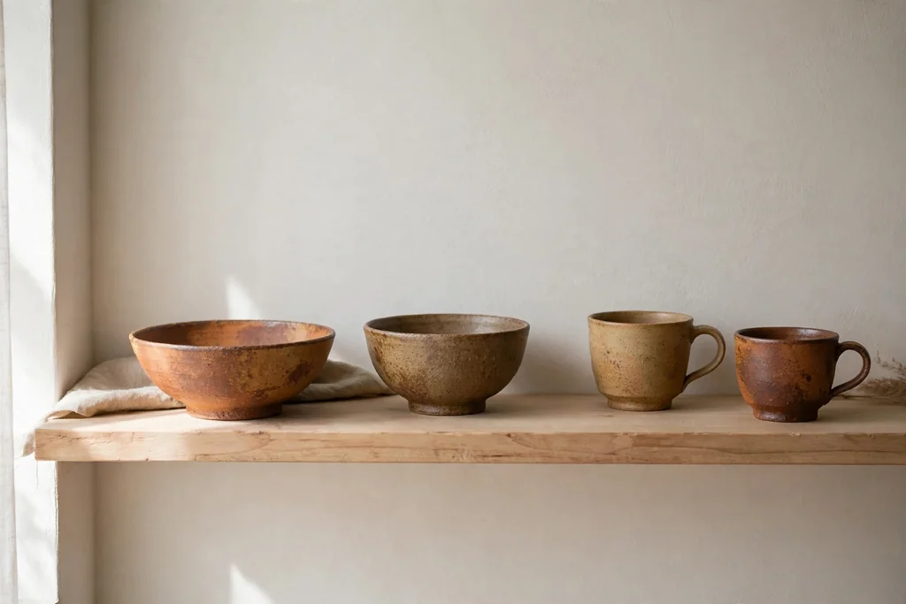 Wood shelf with handmade ceramic bowls and cups in warm earthy glazes.