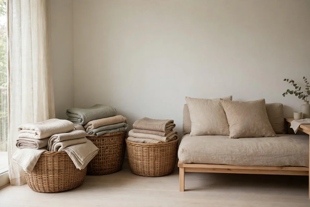 Living room corner with large woven baskets holding folded throws and blankets beside a sofa.