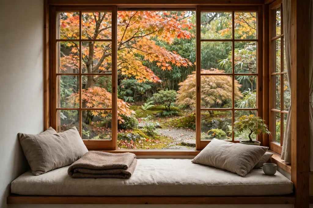 Window seat with a cushion bench, a wool throw, and a clear view of a garden with autumn leaves.