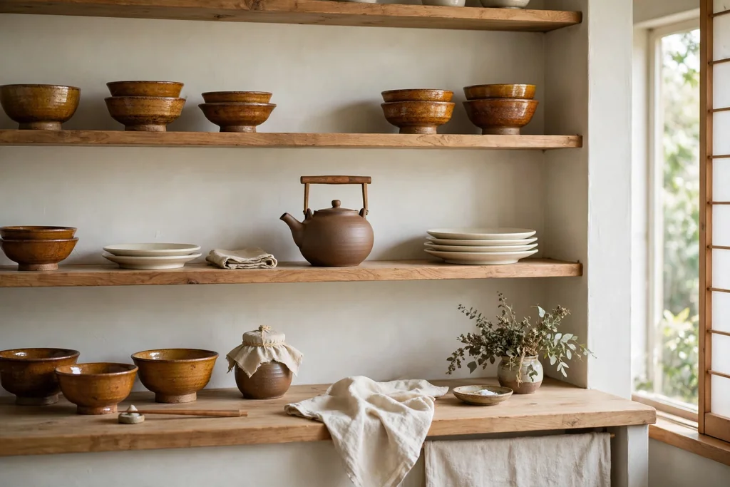 Kitchen open wood shelves with warm glazed bowls, a teapot, and cream plates.