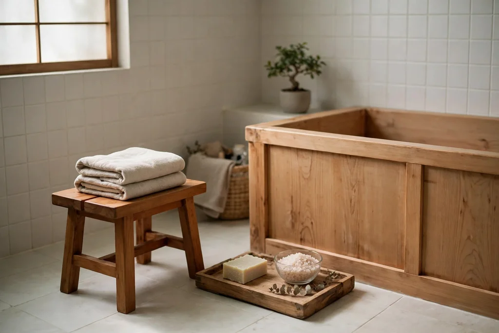 Bathroom corner with a wood stool, folded towel, and tray with soap and bath salts beside a tub.