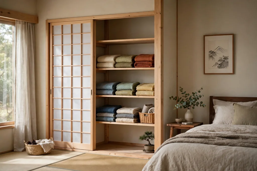 Closet with sliding wood and paper panel doors, with seasonal throws stored inside on shelves.