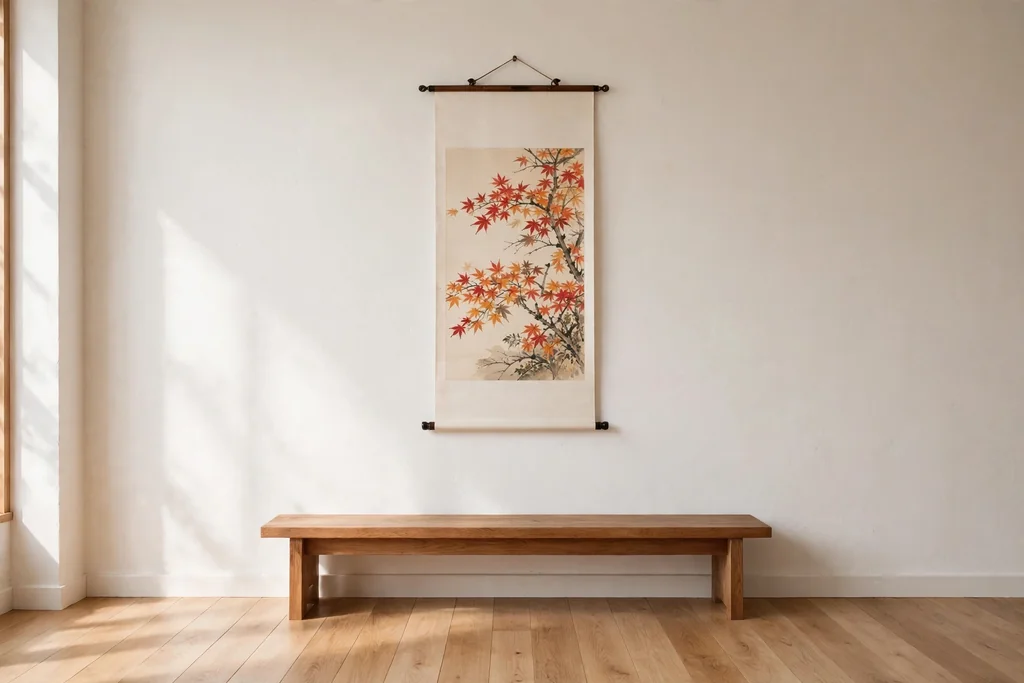 Plain wall with a single hanging scroll showing a maple scene above a low wood bench.