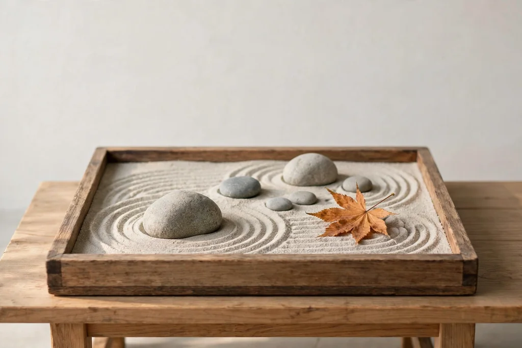 Small zen tray garden with raked sand, smooth stones, and a single autumn leaf on a low table.