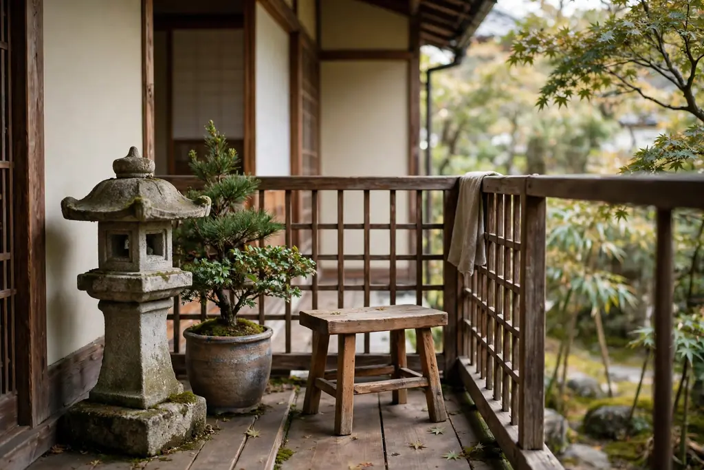Small balcony with a stone lantern, a potted evergreen, and a low wood stool.