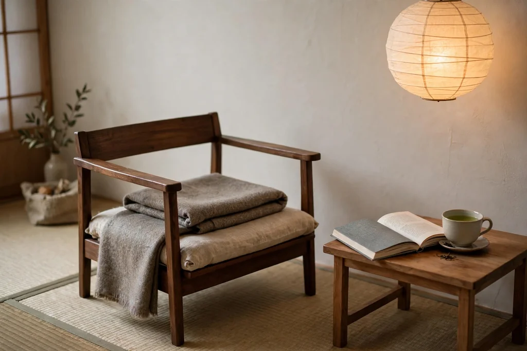 Quiet reading nook with a low chair, a small side table, a paper lamp, and a folded wool throw.