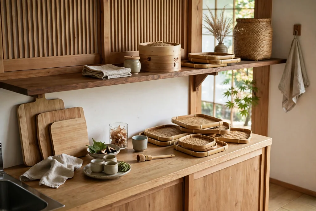 Japanese kitchen counter with bamboo trays, boards, and a steamer on a shelf.