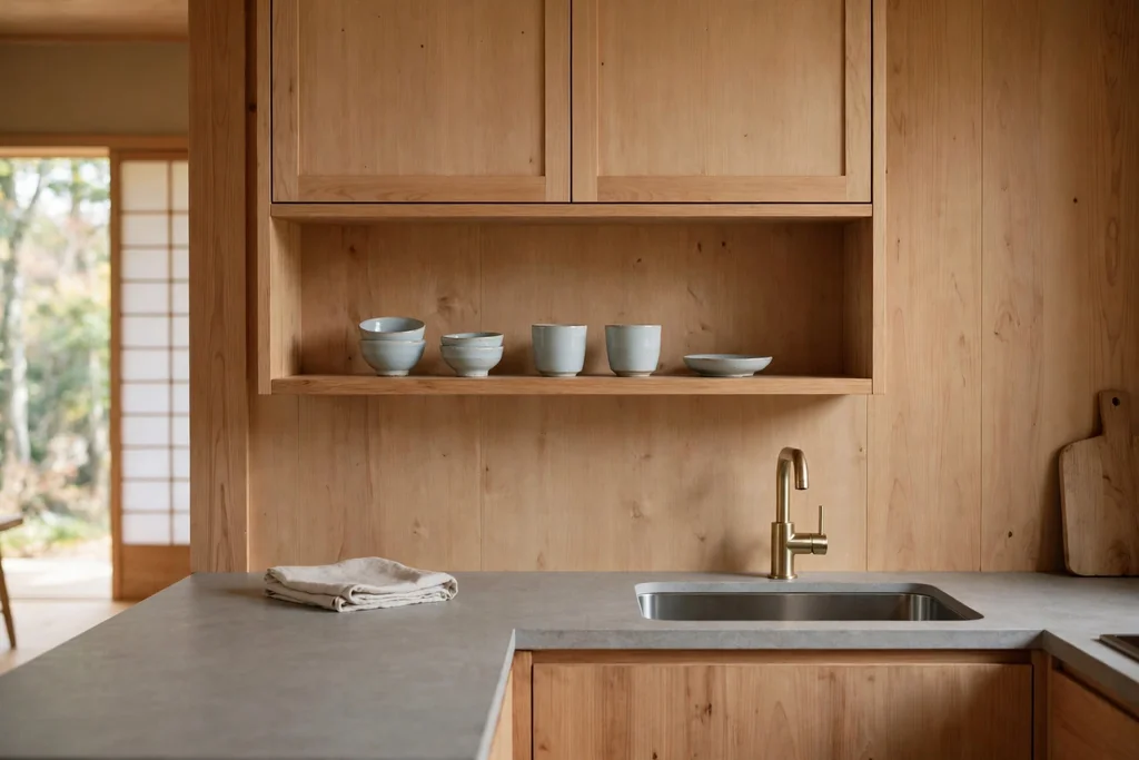 Japanese kitchen with one open shelf showing a small collection of matching ceramics.