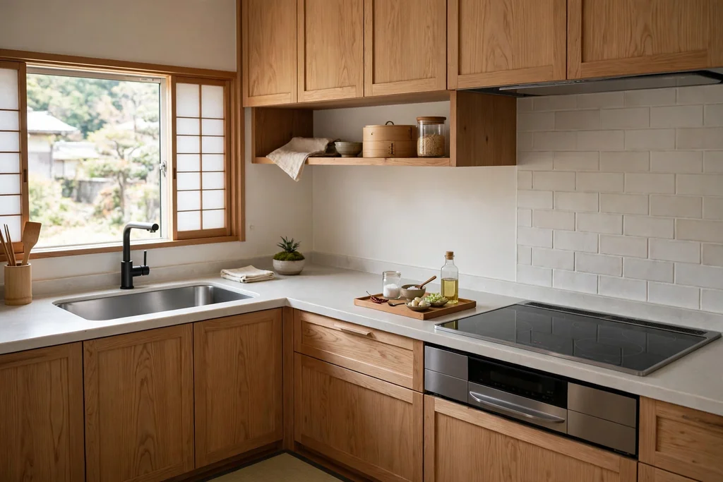 Japanese kitchen with clear counters and one small tray of daily cooking items near the hob.