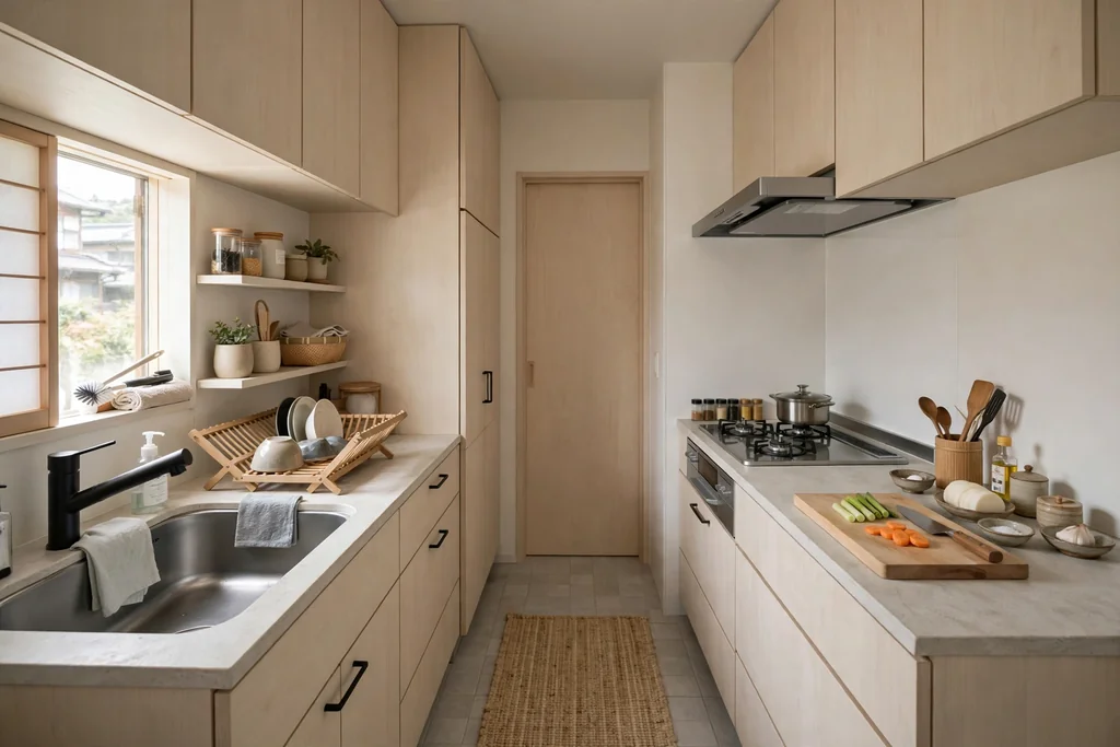Compact Japanese galley kitchen with clear work zones and pale wood cabinets.