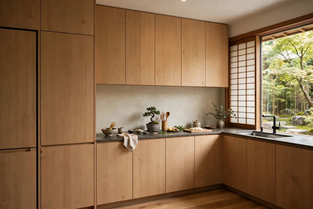 Japanese kitchen with panel-ready appliances hidden behind flat-front cabinet doors.
