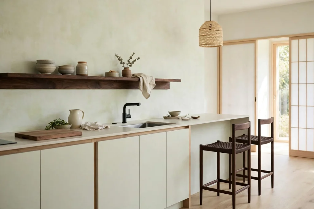 Pale Japanese kitchen with a dark walnut shelf and dark stool frames as accents.