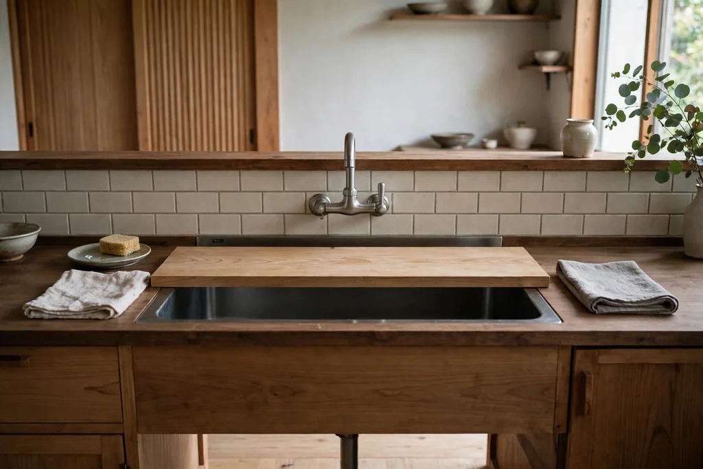 Japanese kitchen with a deep simple sink, a plain tap, and a wood board over the basin.
