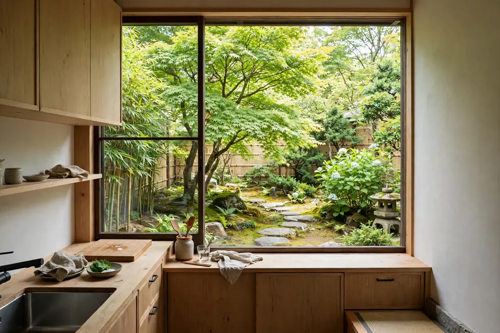Japanese kitchen window kept mostly clear, framing a garden view in daylight.