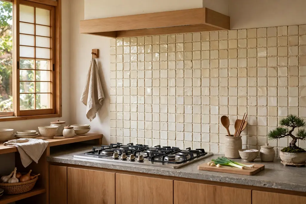Japanese kitchen with a handmade cream tile backsplash behind the hob.