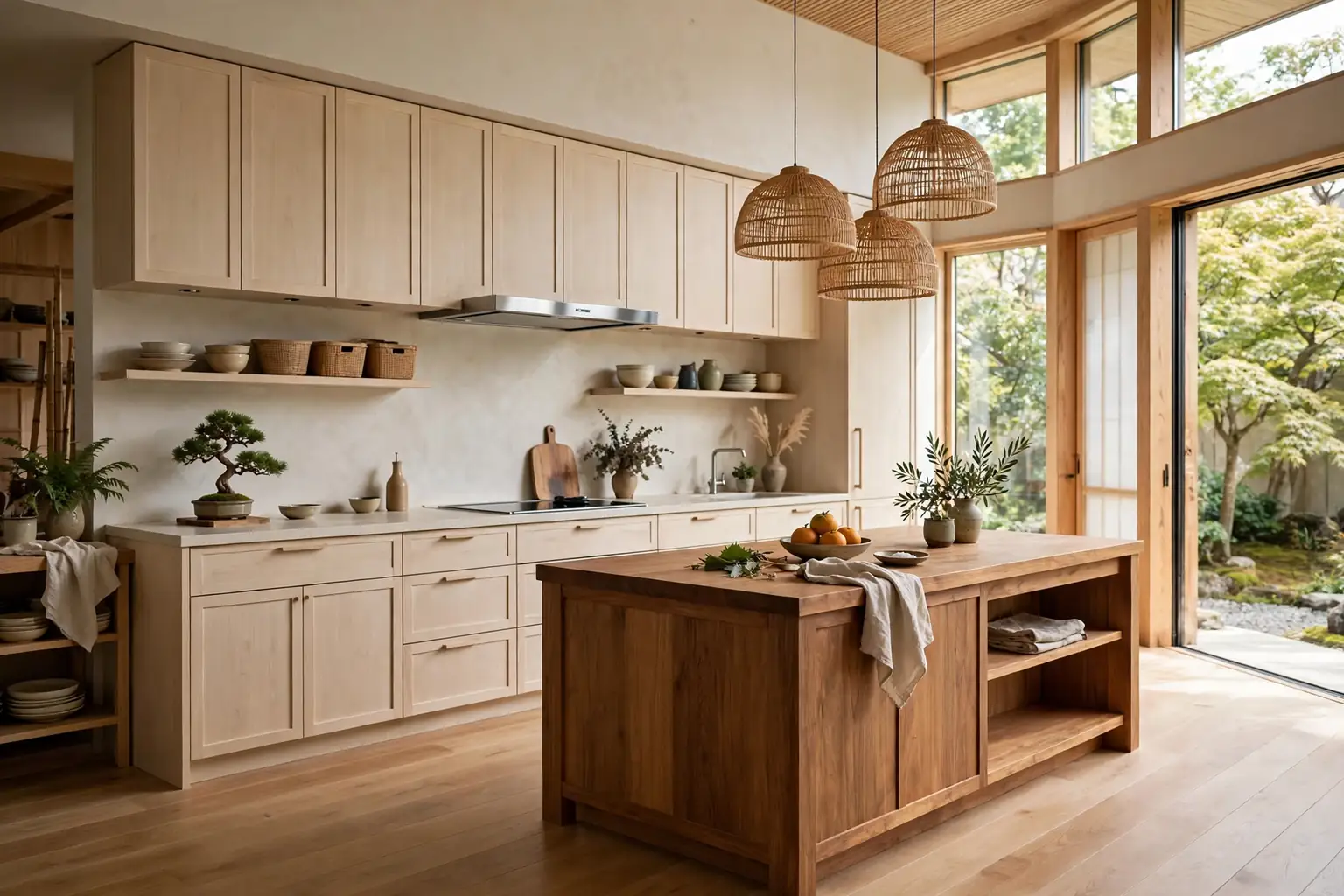Wide Japanese kitchen with pale wood cabinets, a warm wood island, and soft daylight.