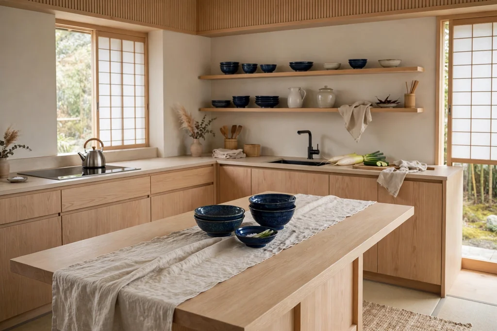 Japanese kitchen with a soft neutral palette and indigo bowls and a linen runner as accents.
