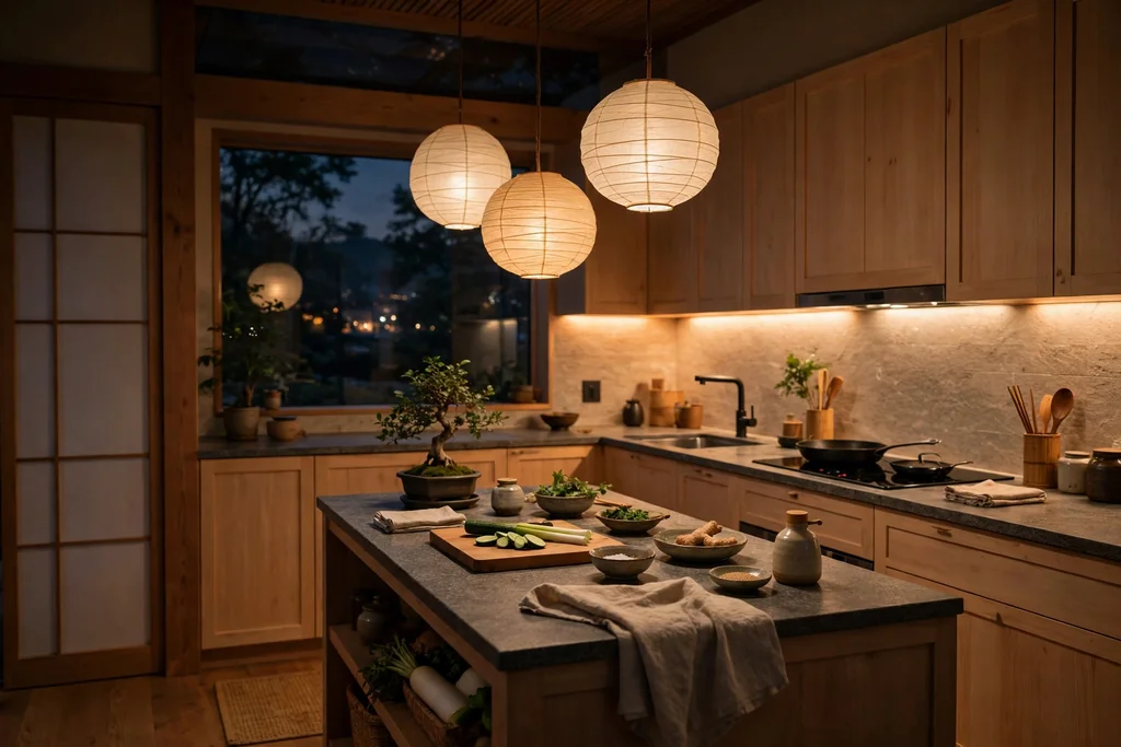 Japanese kitchen in the evening with warm under-cabinet light and paper pendants.