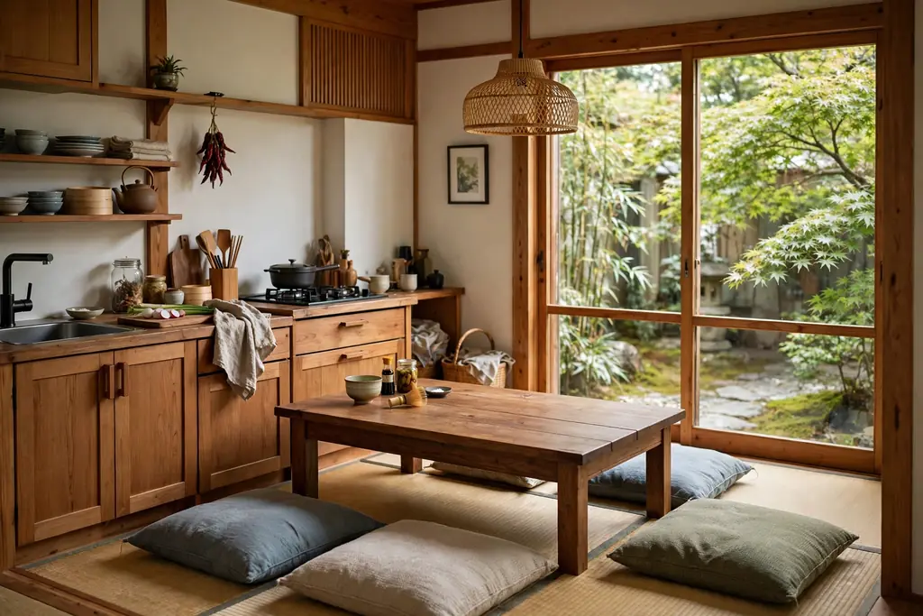 Japanese kitchen dining nook with a low wood table, floor cushions, and a window.