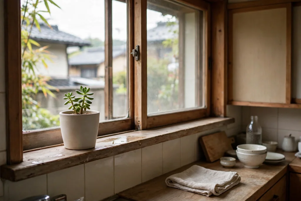 Japanese kitchen windowsill with one small potted plant in a plain ceramic pot.